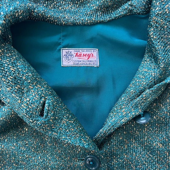 Vintage Teal Sparkly Button Up Jacket Hoodie with Shoulder Pads - Picture 10 of 12